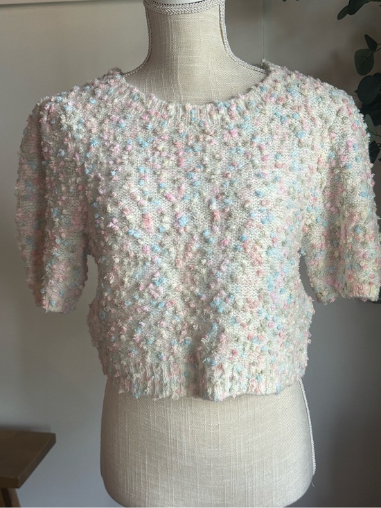 Day + Moon Sweaters - Day + Moon Pastel Bouclé Short-Sleeve Sweater - Cream with Pink & Blue Accents